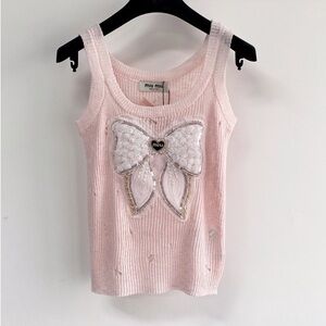 Miu Miu Pale Pink Knit Tank with Embellished Bow